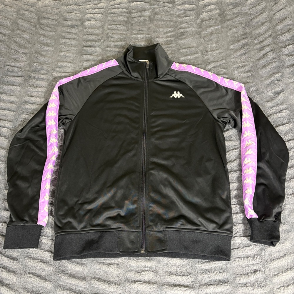 Kappa Track Jacket Black Purple Logo Tape Full Zip Mock Neck Medium AQ351